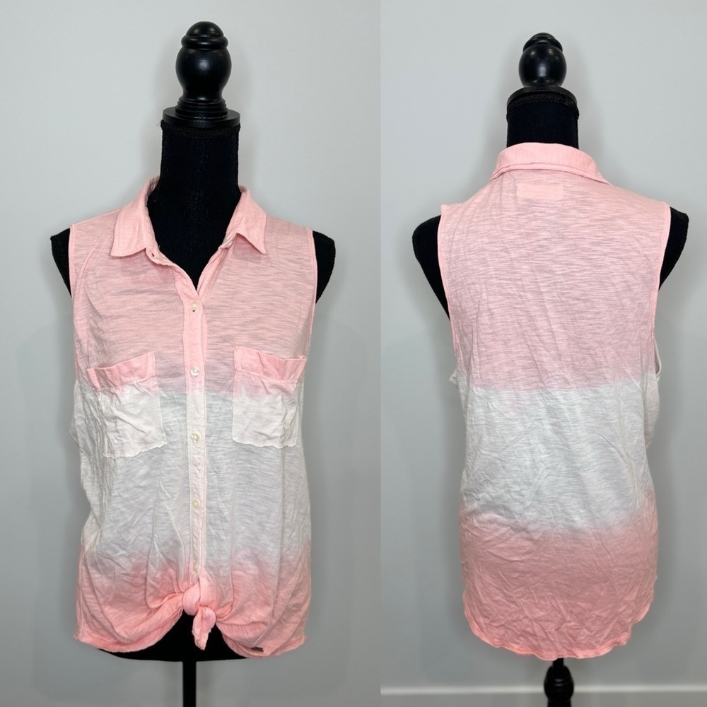 Hollister Pink and White Ombre Sleeveless Button Up (L)